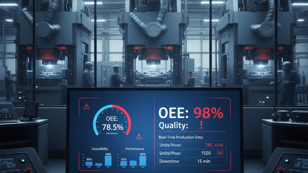Tablero de planta con KPIs de OEE en pantalla